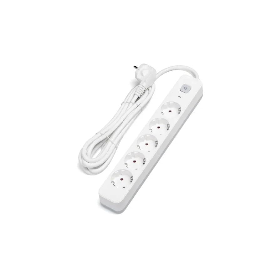 regleta alemana Serie L de 5 vías con interruptor. Longitud de 5 metros, cable 3G de 1,5 mm² en elegante blanco y gris. Ideal para organizar tu espacio de manera segura y eficiente.